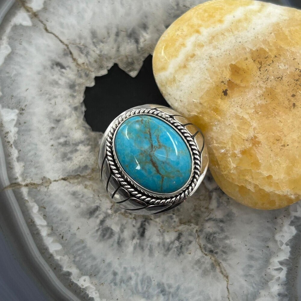 Native American Sterling Silver Oval  Turquoise Shield Ring Size 10.75 For Men - Picture 2 of 10